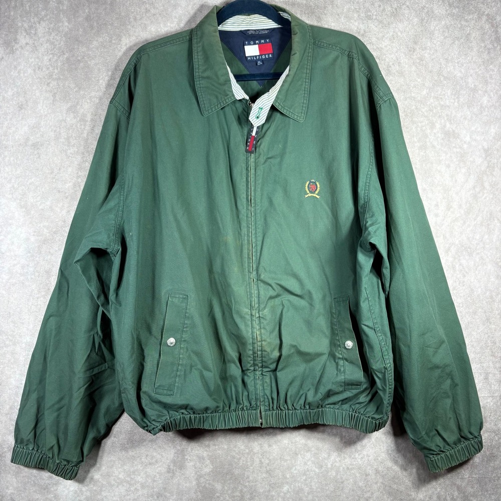 Vintage 90s Tommy‎ Hilfiger Harrington Jacket Mens XL Green Bomber Embroidered
